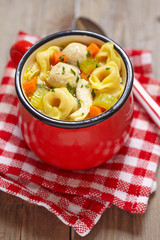 Warm chicken meatball tortellini soup