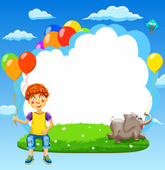 Vector illustration of  happy boy on a meadow with balloons , elephant   and banner in sky 