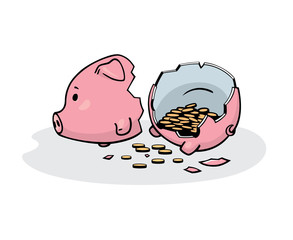 Vector illustration of a smashed pink ceramic piggy bank with coins inside. Freehand drawing converted to vector graphics. Isolated on white.