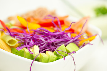 Closeup delicate fresh presentation of pasta salad in white bowl with colourful vegetables such as cole robbie, capsicum and tomatoes