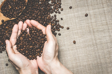 Fresh roasted coffee beans cupped hands into a burlap