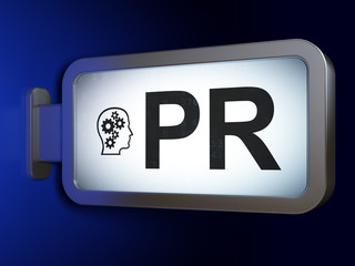 Marketing concept: PR and Head With Gears on billboard background