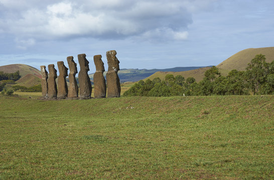 Ahu Kivi. Ancient Moai statues set amongst green fields and facing the sea on Rapa Nui (Easter Island)