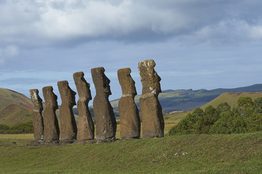 Ahu Kivi. Ancient Moai statues set amongst green fields and facing the sea on Rapa Nui (Easter Island)
