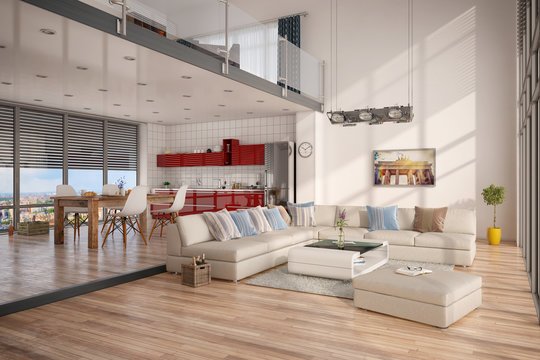 Minimalistisch, modern eingerichtetes Loft, mit Wohnzimmer, K&uuml;che und Essecke.