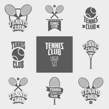 Set of tennis club logos, badges or labels design templates with tennis balls and rockets