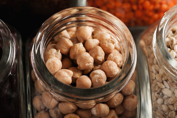 Closeup macro shot of chickpeas in glass jar