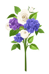 Vector bouquet of blue, purple, and white roses and hydrangea flowers isolated on a white background.