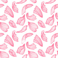 Hand drawn vector seamless pattern - rose petals. Pink backgroun