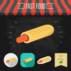 French Hot Dog icon on a chalkboard. Set of icons and eco label. Flat design. Vector