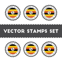I Love Uganda vector stamps set. Retro patriotic country flag badges. National flags vintage round signs.