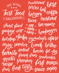 White hand lettering set of words for fast food with logotype. Vector