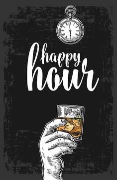 Male hand holding a glass with whiskey and ice cubes. Vintage vector engraving illustration for label, poster, menu. Dark background. Happy hour