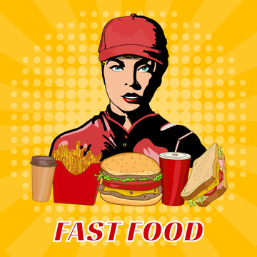 Fast Food Girl In A Cap Fast Food Working Staff Pop Art Style