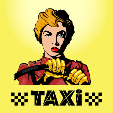 Taxi logo woman driving a car pop art