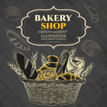 Bakery shop. Bakery basket. Blackboard. 