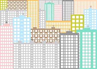 Urban background with colored panel houses and apartments with balconies and windows with antennas on the roof