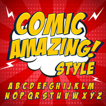 Comic retro yellow alphabet set. Letters, numbers and figures for kids' illustrations.