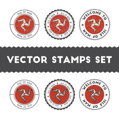 Manx flag rubber stamps set. National flags grunge stamps. Country round badges collection.