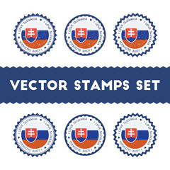 I Love Slovakia vector stamps set. Retro patriotic country flag badges. National flags vintage round signs.