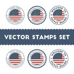 American flag rubber stamps set. National flags grunge stamps. Country round badges collection.
