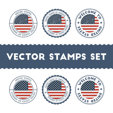 American flag rubber stamps set. National flags grunge stamps. Country round badges collection.