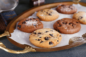 Chocolate chip cookies on a metal tray