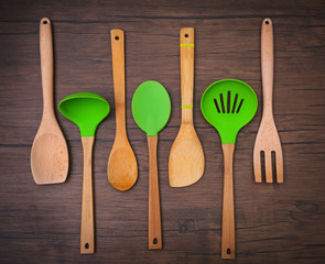 Set of wooden utensils on a table