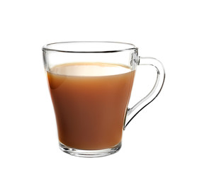 Tea with milk on white background.