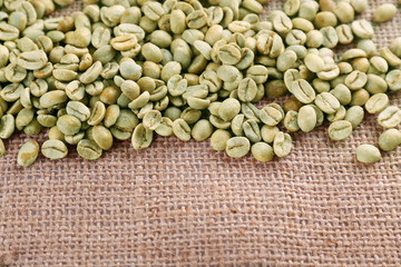 Green coffee beans on sackcloth material.