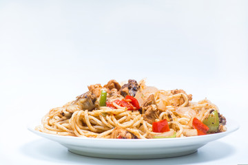 Chinese noodles with a chicken and vegetables