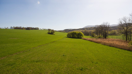Fototapeta na wymiar Aerial View. Panorama over a green grassy in mountains.