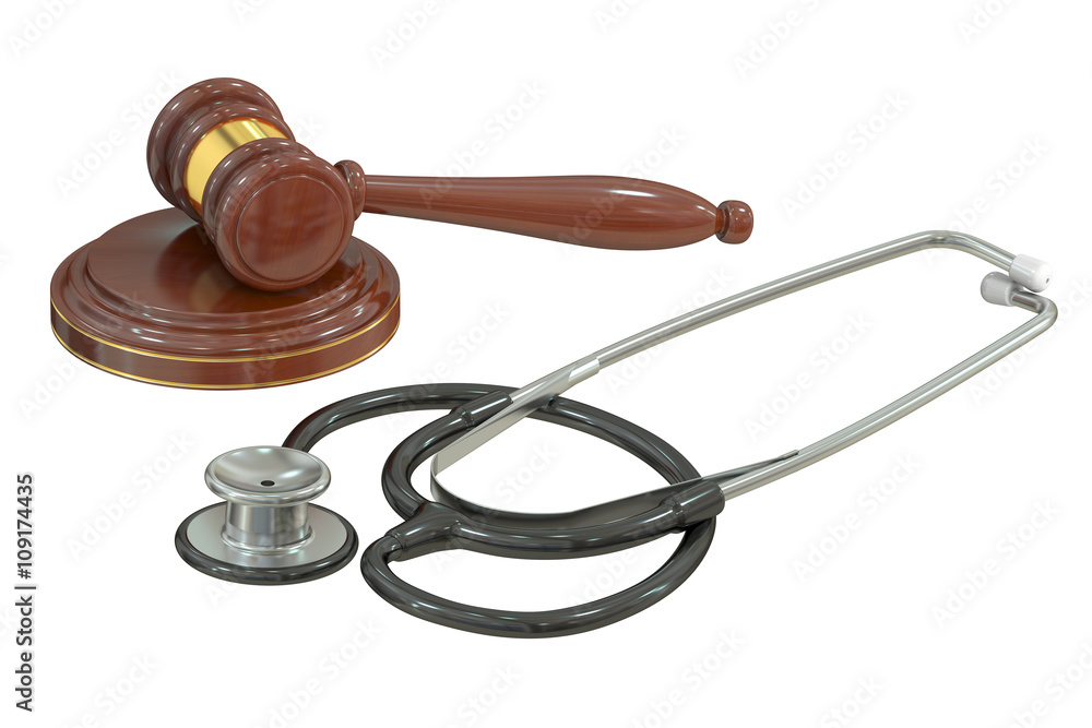 Poster judge's gavel with stethoscope, 3d rendering