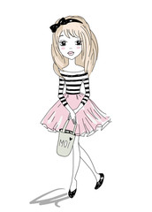 Vector Illustration of a cute girl in sketch, doodle style. Fashion vector illustration. Translation of Word Moi is Me.