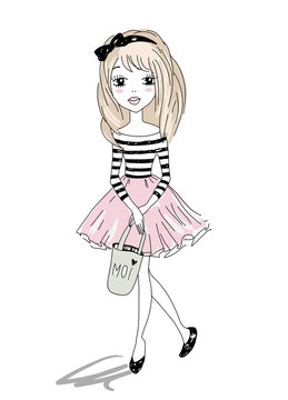 Vector Illustration of a cute girl in sketch, doodle style. Fashion vector illustration. Translation of Word Moi is Me.
