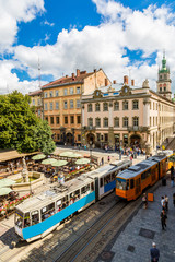 Obraz na płótnie Canvas Old tram is in the historic center of Lviv.