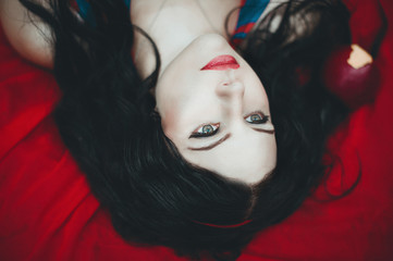 Fototapeta premium Beautiful young woman sexy brunette girl with make-up courtyard,