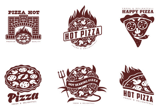 Logos pizza, fast food, monochrome badges pizza, pizza with mushrooms, salami, in the oven, slice of pizza with peppers, hot Italian fast food, labels for food products, cafe, restaurant