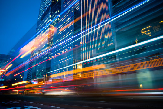 light trails in the downtown district,hongkong china.