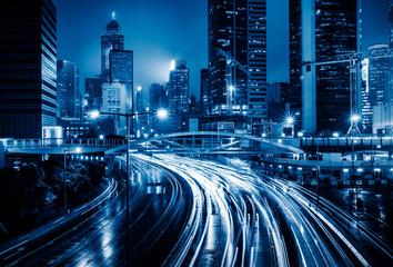Fototapeta premium crowded traffic in the downtown district,hongkong china，blue toned image.