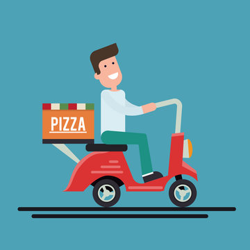 Pizza delivery courier on a scooter. Flat vector illustration.