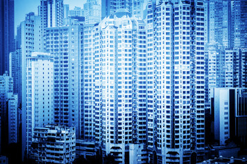 apartments in hongkong,china,blue toned image.