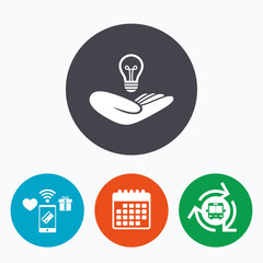 Idea insurance sign. Hand holds lamp bulb symbol