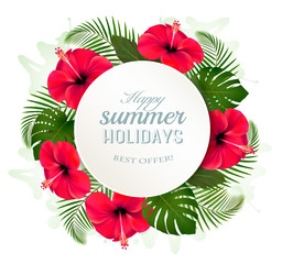 Tropical leaves and flowers with a summer holidays banner. Vecto