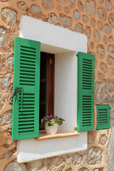 Fototapeta na wymiar window with open shutters and flower in a pot