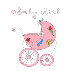 Baby girl arrival card with hand drawn retro styled baby carriage and handwritten words Baby Girl, vector illustration
