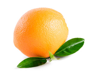 Orange with leaves isolated on white background