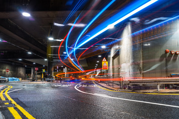 light trails at the underground parking,hongkong china.