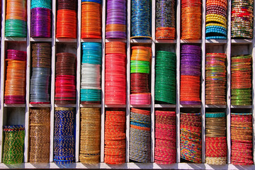 Display of colorful bangels at the market in Jaipur, India.