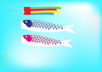 Couple Koi Flag hanging on a line in blue sky background, Vector Illustration. 
